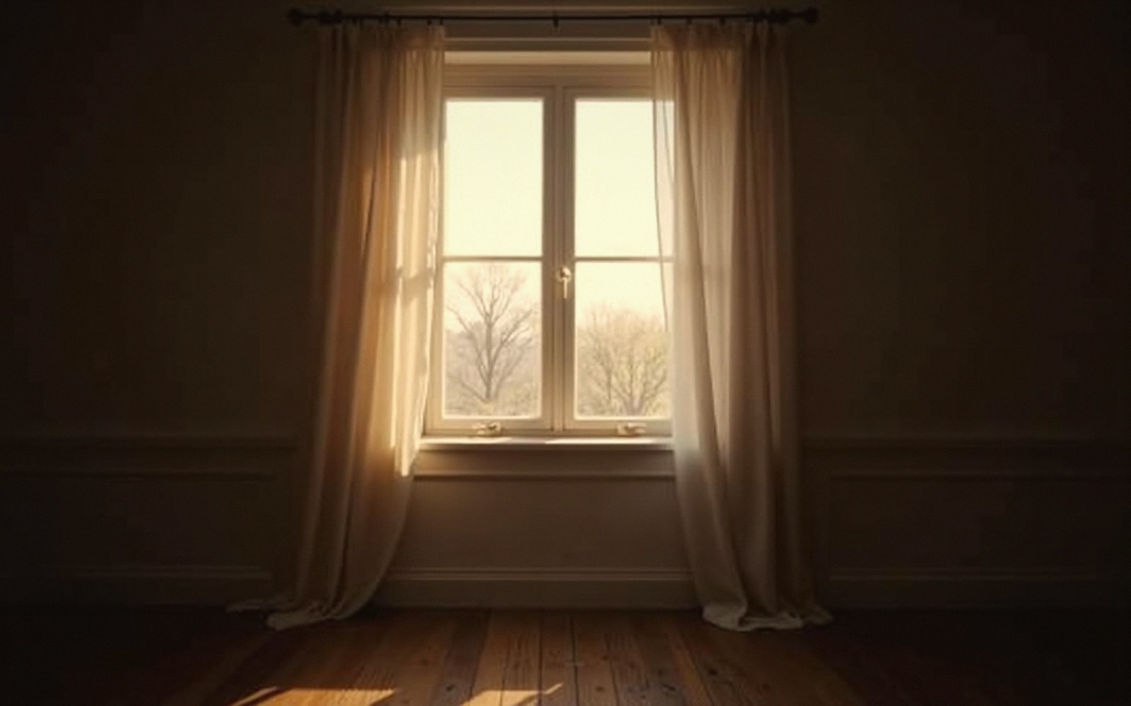 Sunlight streams through sheer curtains framing a tall window overlooking bare trees